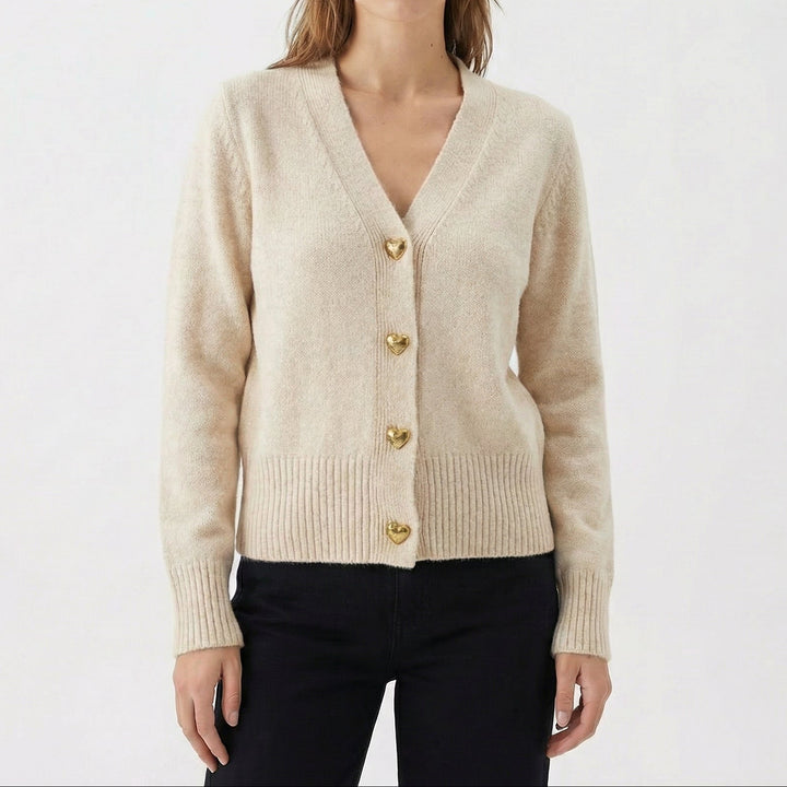 Women's Cardigan – V-Neck Knit Cardigan with Gold Heart Buttons