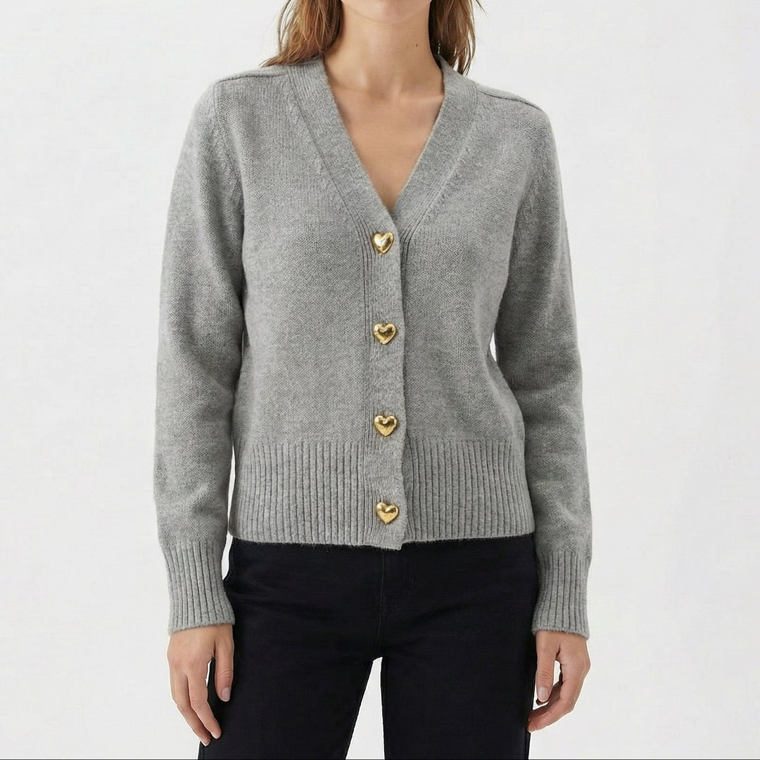 Women's Cardigan – V-Neck Knit Cardigan with Gold Heart Buttons