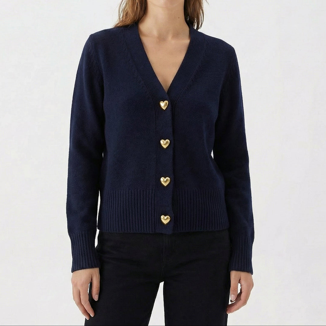 Women's Cardigan – V-Neck Knit Cardigan with Gold Heart Buttons