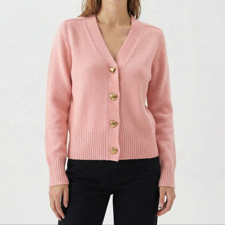 Women's Cardigan – V-Neck Knit Cardigan with Gold Heart Buttons