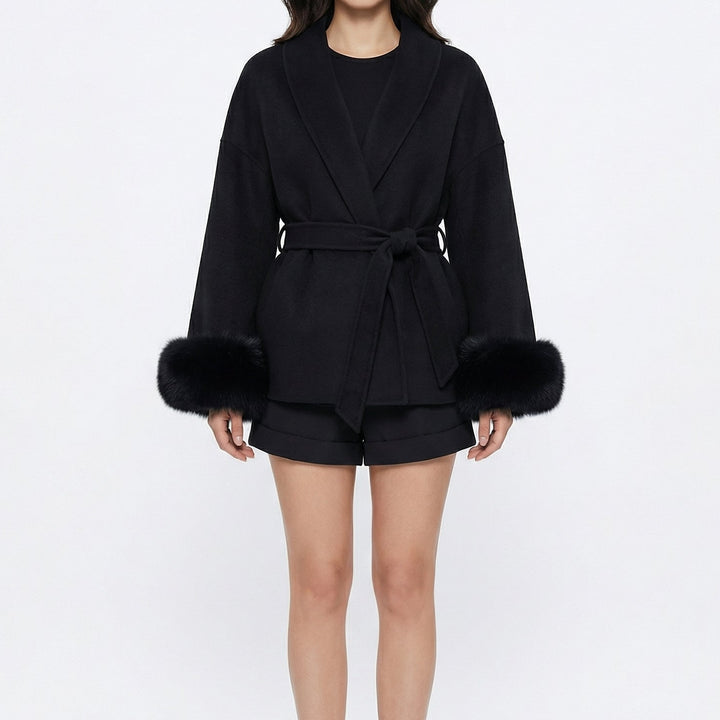 Women's Wrap Coats – Belted Jacket with Faux Fur Cuff Detail