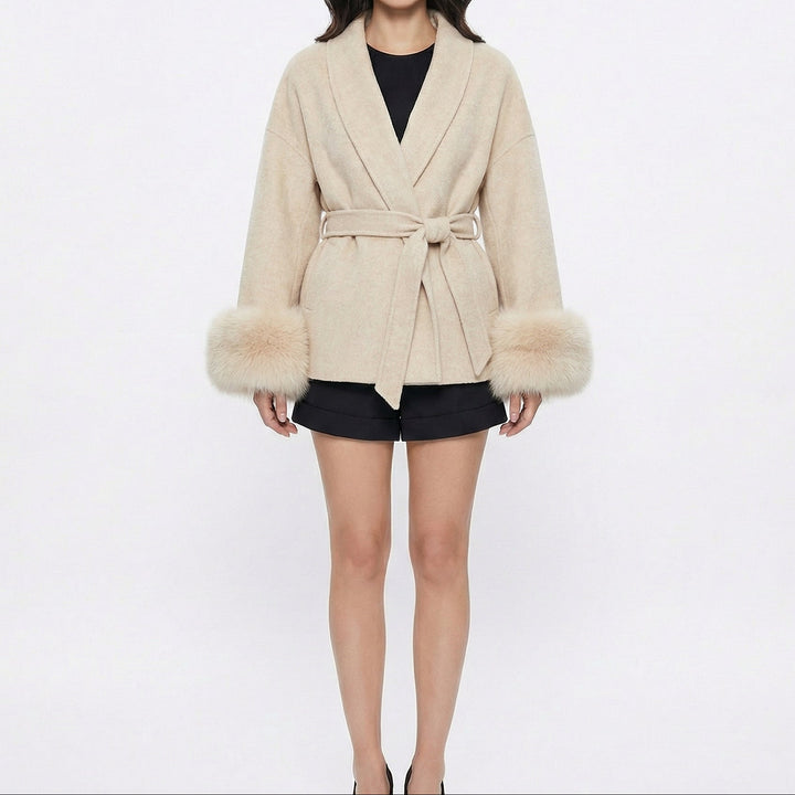 Women's Wrap Coats – Belted Jacket with Faux Fur Cuff Detail