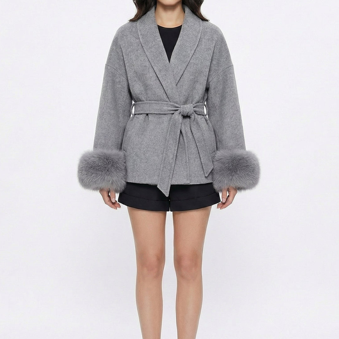 Women's Wrap Coats – Belted Jacket with Faux Fur Cuff Detail