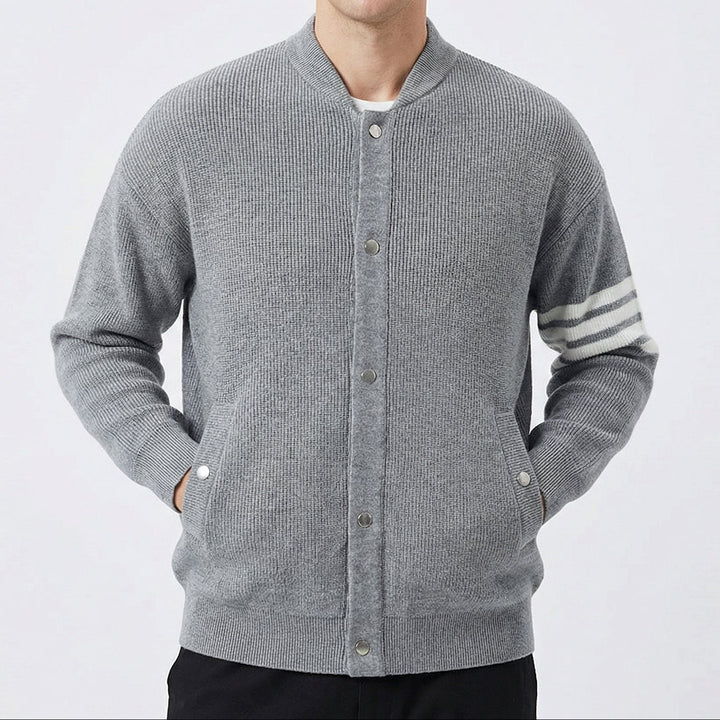 Men's Cardigan – Varsity Stripe Snap-Button Knit Bomber Cardigan