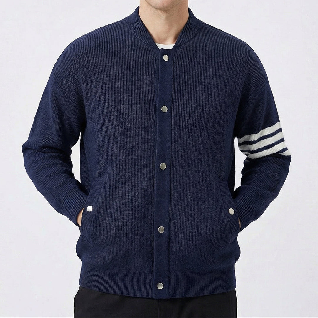 Men's Cardigan – Varsity Stripe Snap-Button Knit Bomber Cardigan