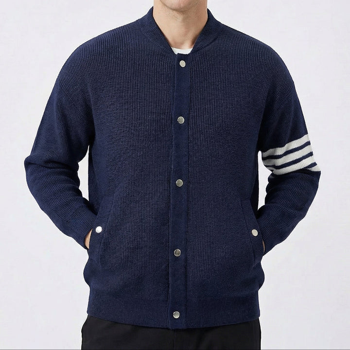 Men's Cardigan – Varsity Stripe Snap-Button Knit Bomber Cardigan