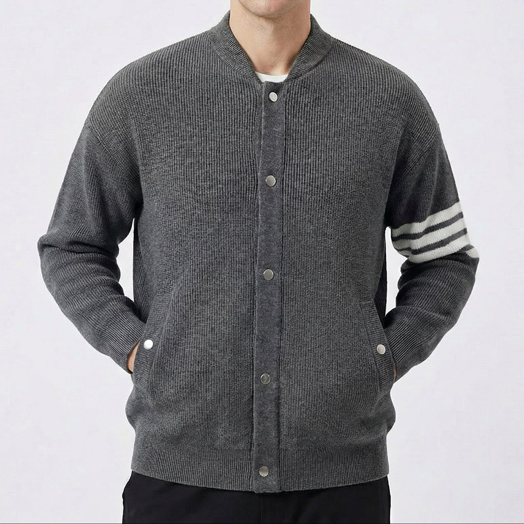 Men's Cardigan – Varsity Stripe Snap-Button Knit Bomber Cardigan