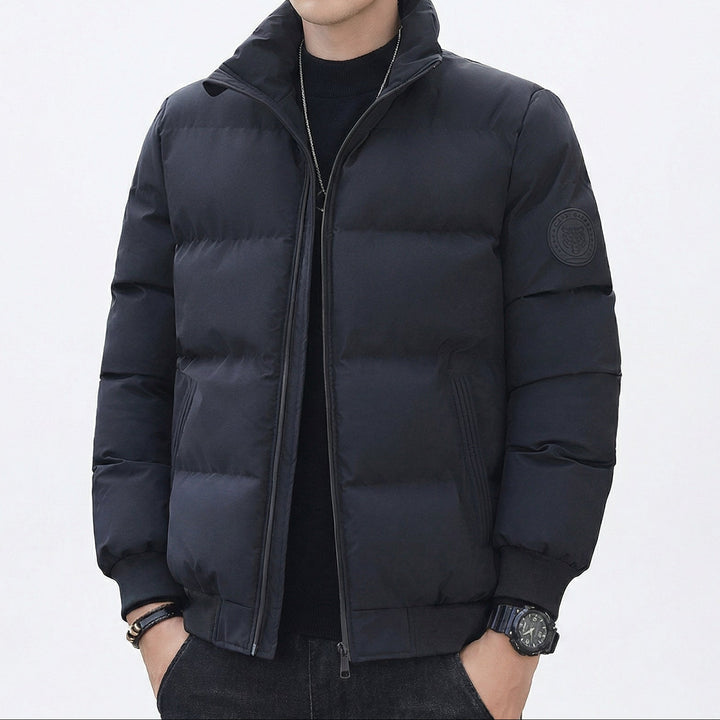 Men's Puffer Jacket – Stand Collar Padded Down Jacket with Badge Detail