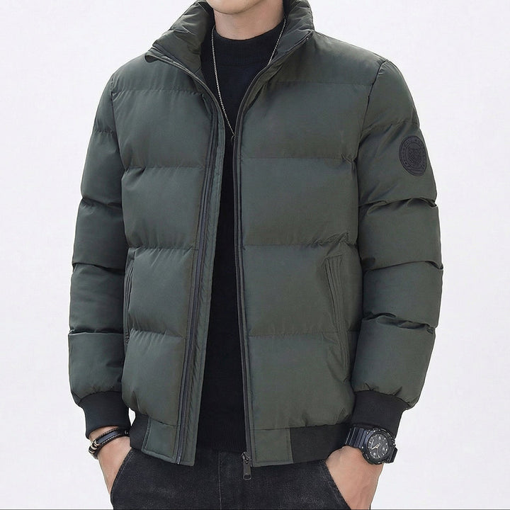 Men's Puffer Jacket – Stand Collar Padded Down Jacket with Badge Detail