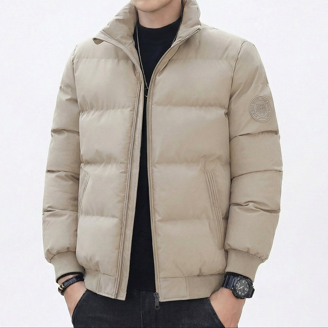 Men's Puffer Jacket – Stand Collar Padded Down Jacket with Badge Detail