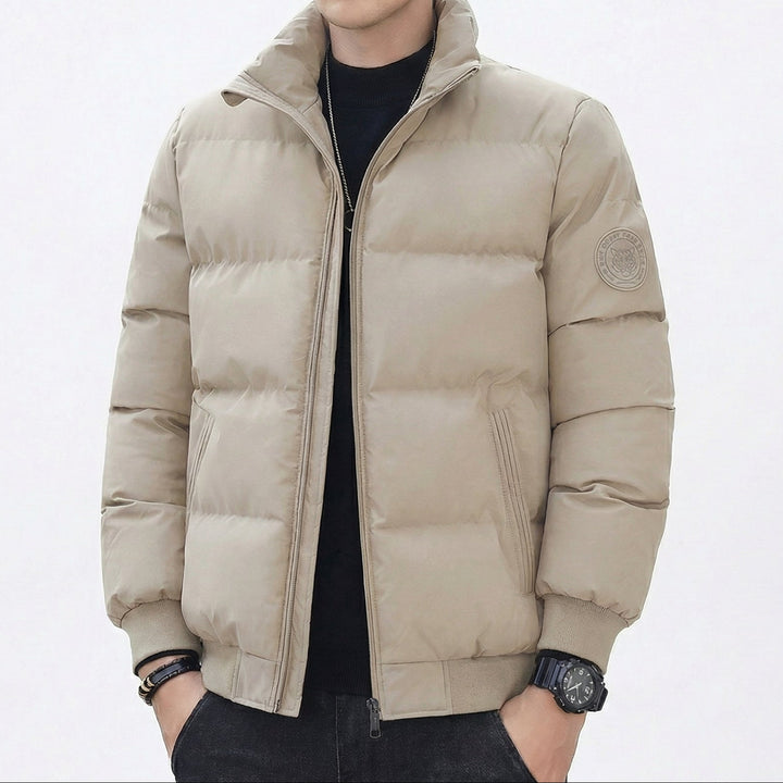 Men's Puffer Jacket – Stand Collar Padded Down Jacket with Badge Detail