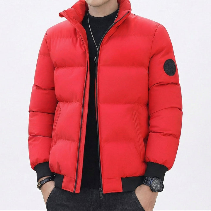 Men's Puffer Jacket – Stand Collar Padded Down Jacket with Badge Detail