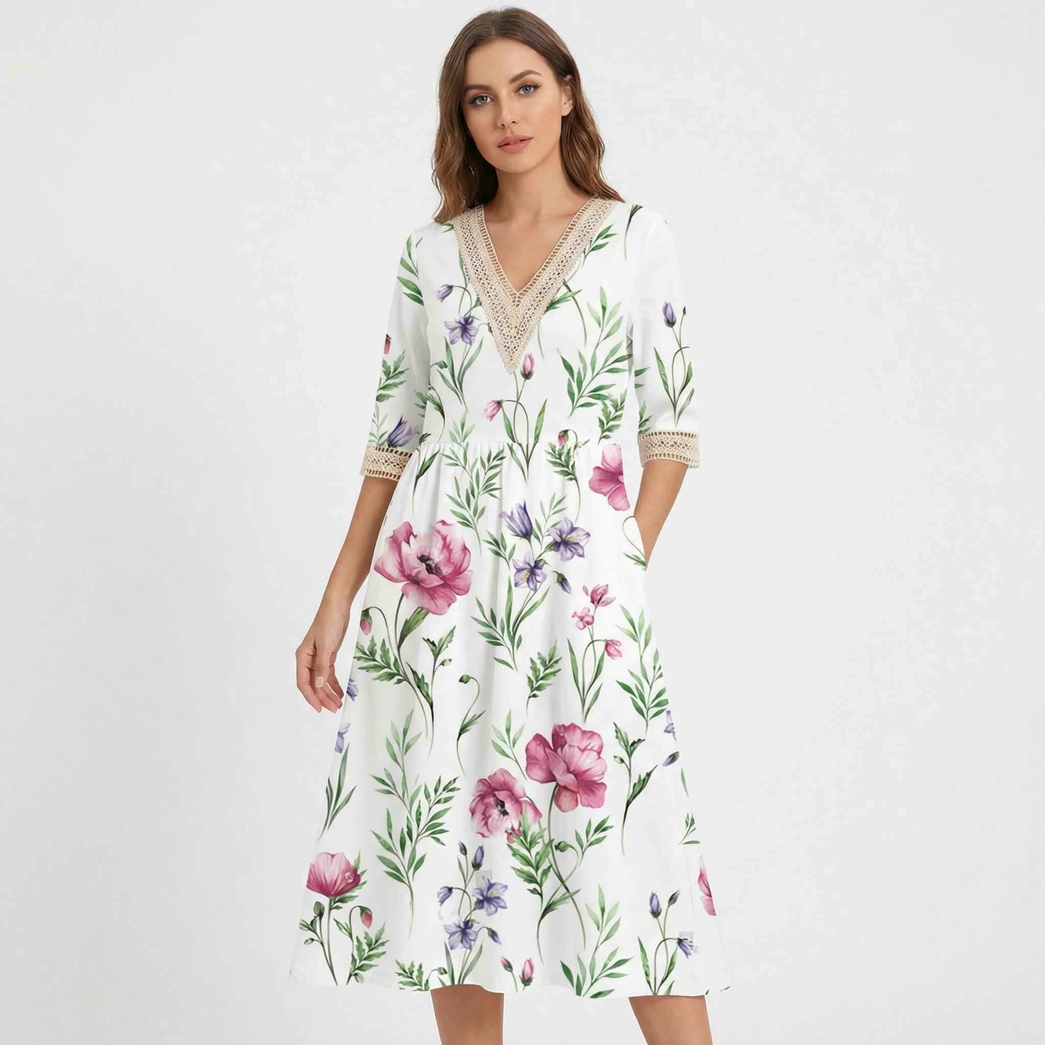 Floral Midi Dress - Lace Trim V Neck Half Sleeve Summer Dress with Pockets