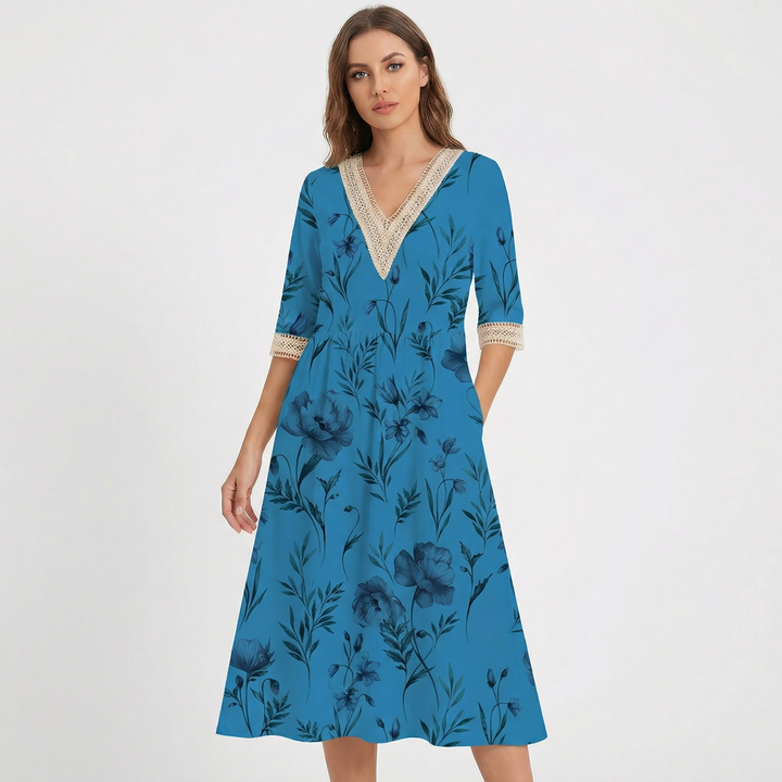 Floral Midi Dress - Lace Trim V Neck Half Sleeve Summer Dress with Pockets