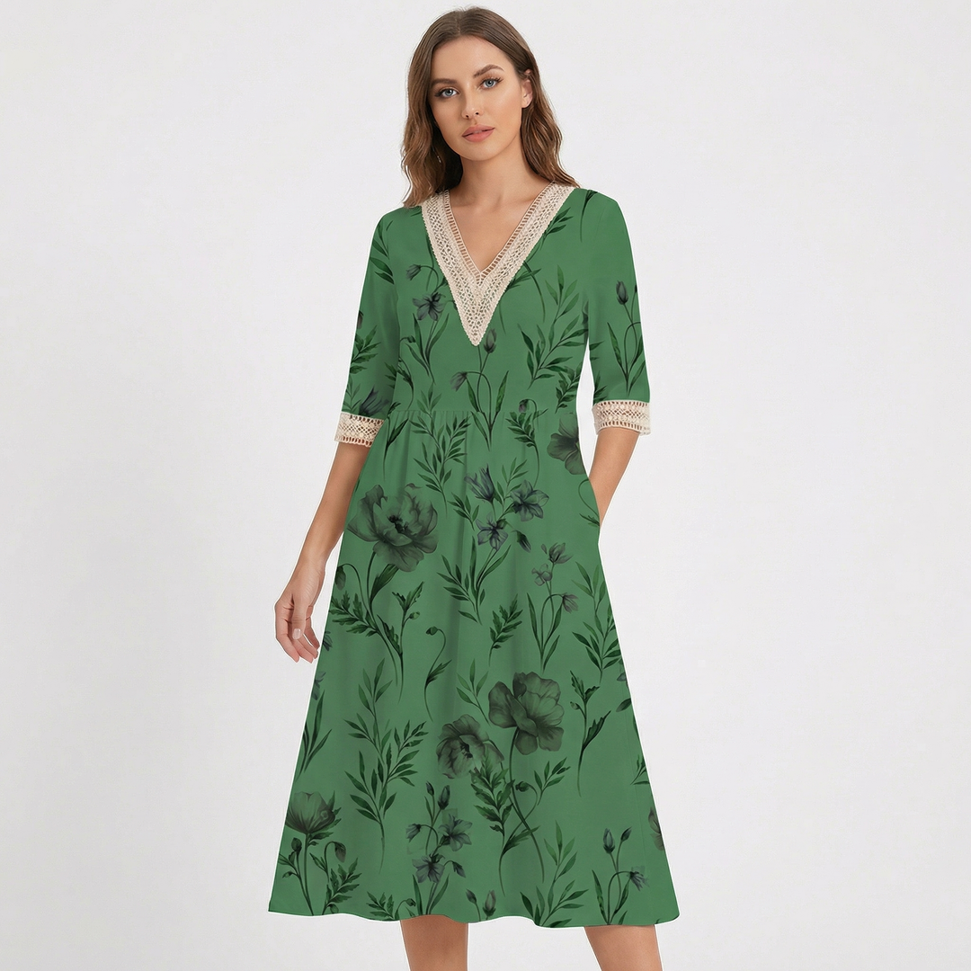 Floral Midi Dress - Lace Trim V Neck Half Sleeve Summer Dress with Pockets
