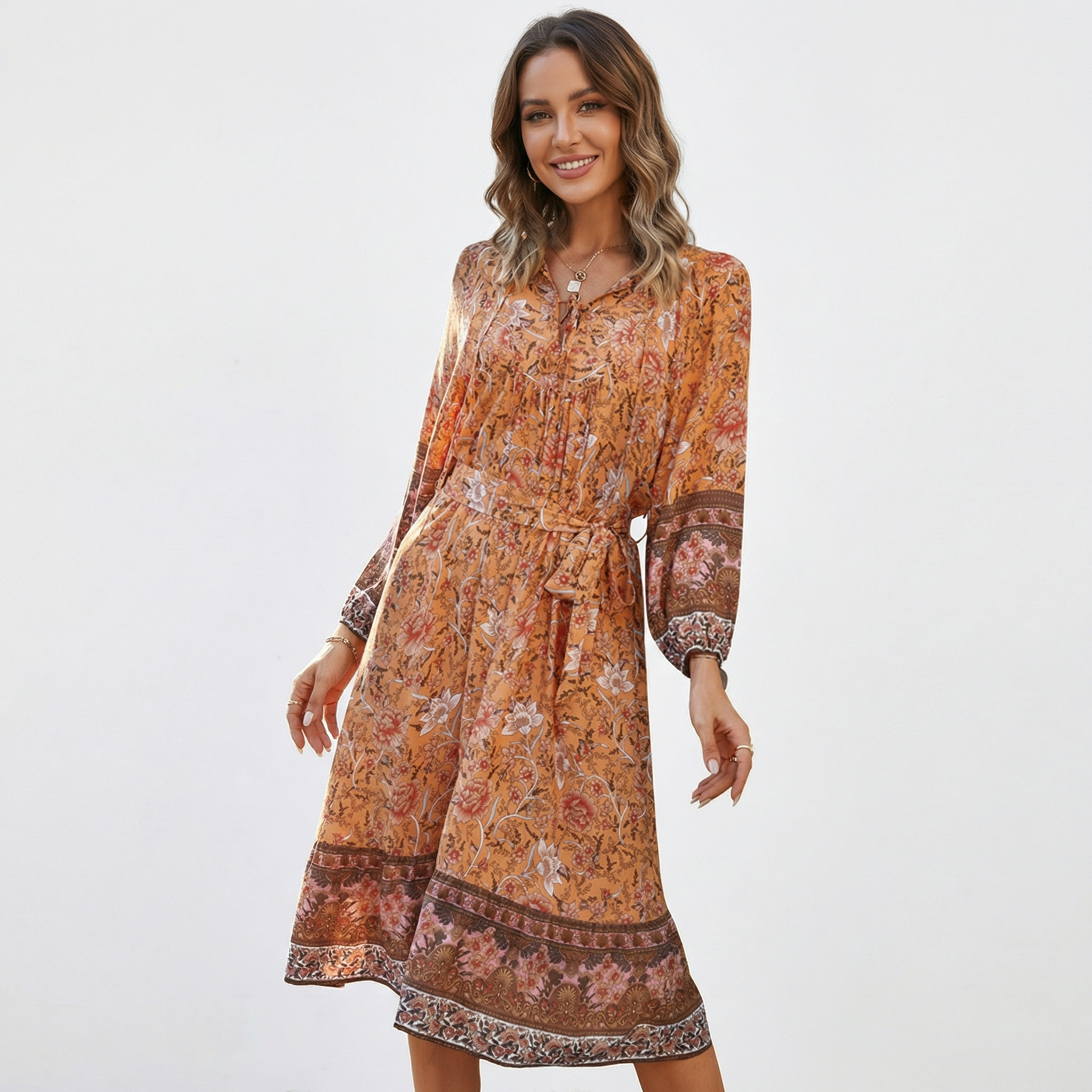 Boho Midi Dress Women - Long Sleeve Floral Print Tie Neck Summer Dress with Belt