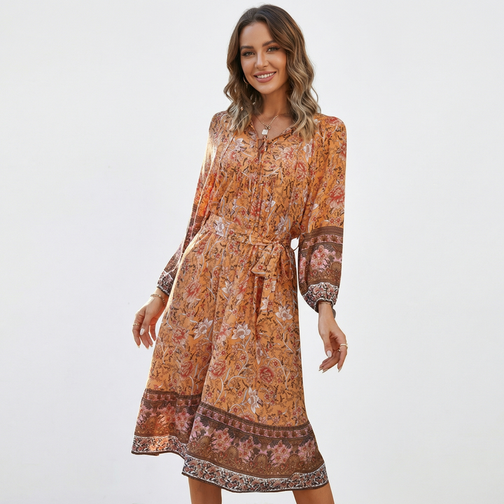 Boho Midi Dress Women - Long Sleeve Floral Print Tie Neck Summer Dress with Belt