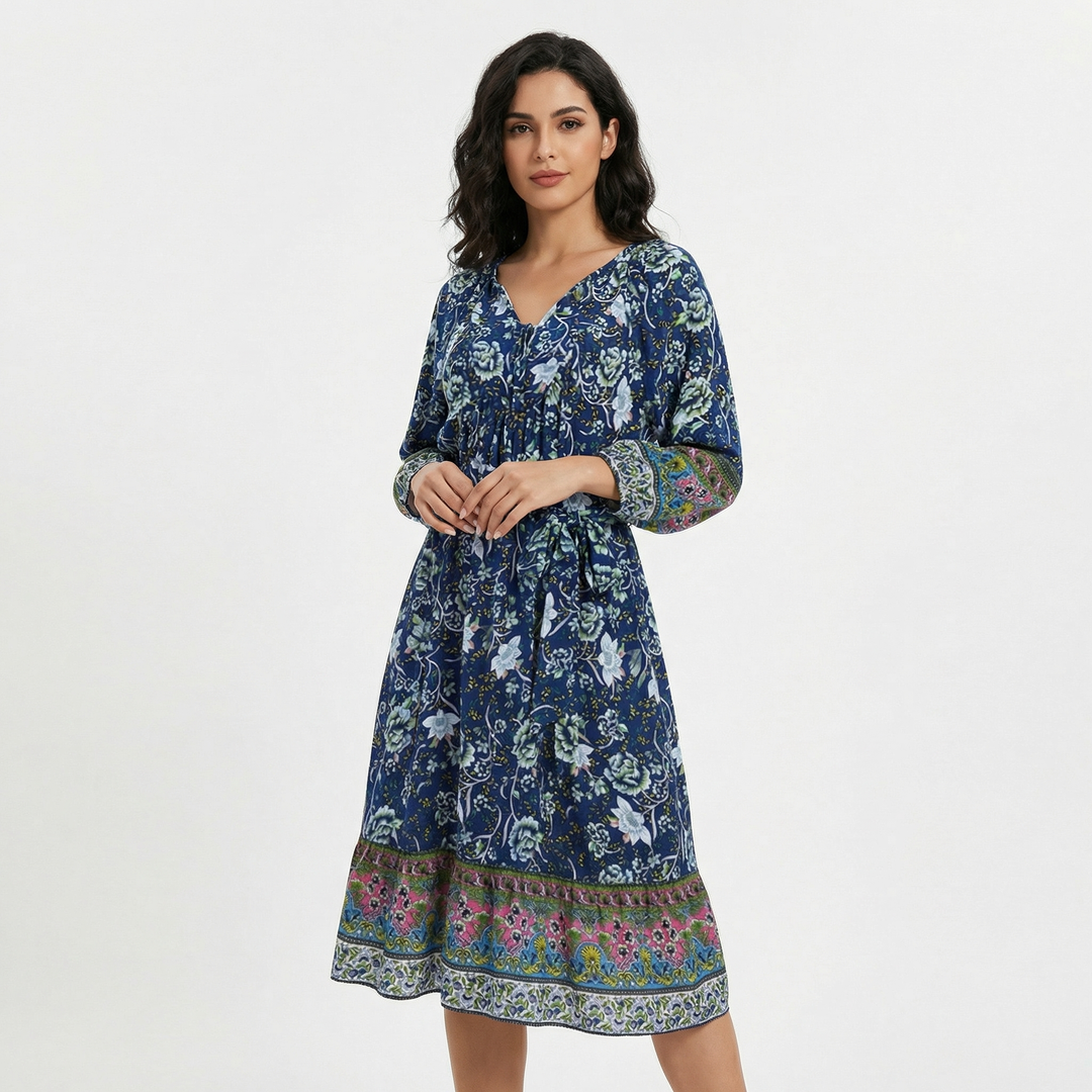 Boho Midi Dress Women - Long Sleeve Floral Print Tie Neck Summer Dress with Belt