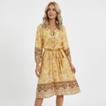 Boho Midi Dress Women - Long Sleeve Floral Print Tie Neck Summer Dress with Belt