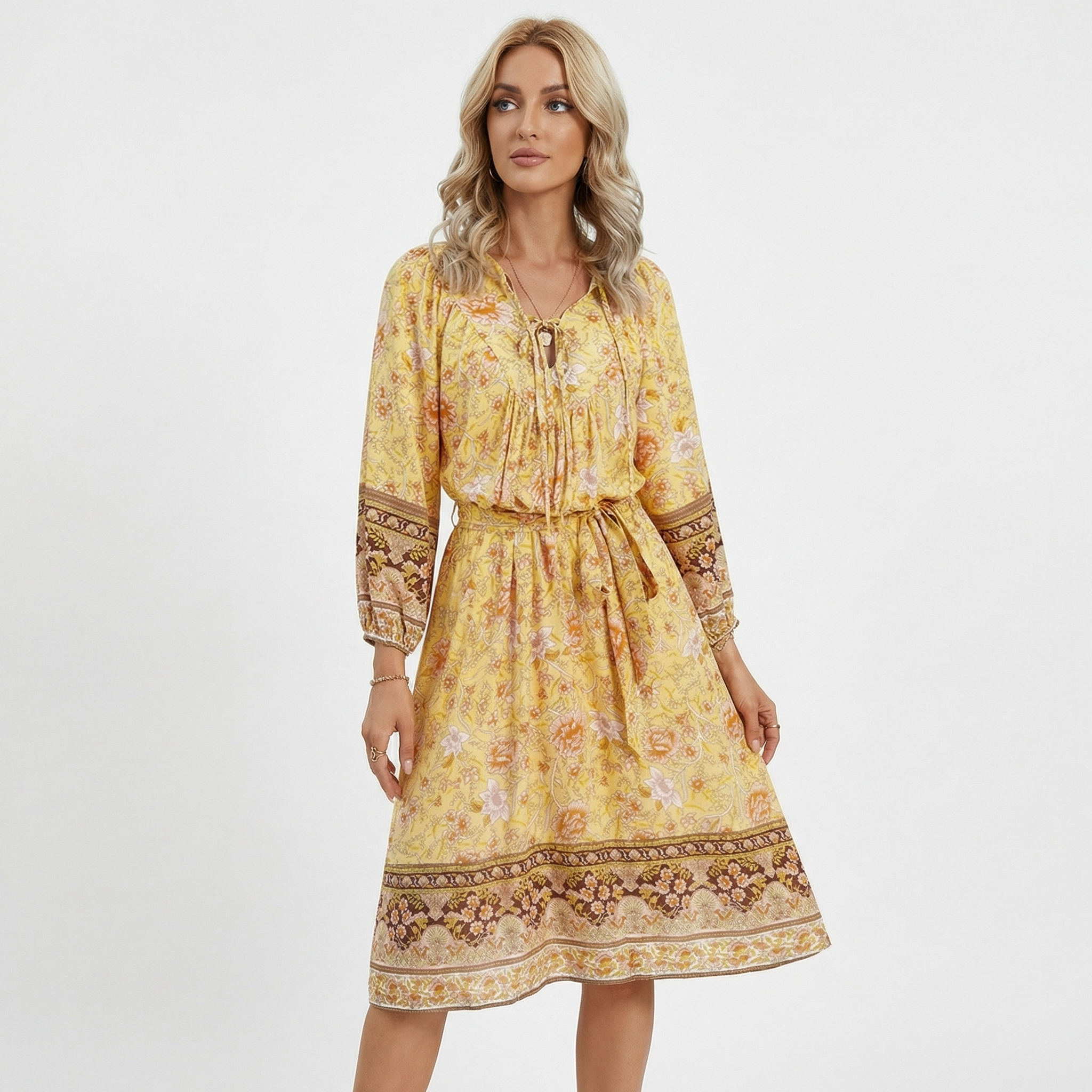 Boho Midi Dress Women - Long Sleeve Floral Print Tie Neck Summer Dress with Belt