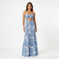 Strapless Cut Out Maxi Dress Women - Smocked Tropical Print Tiered Summer Dress