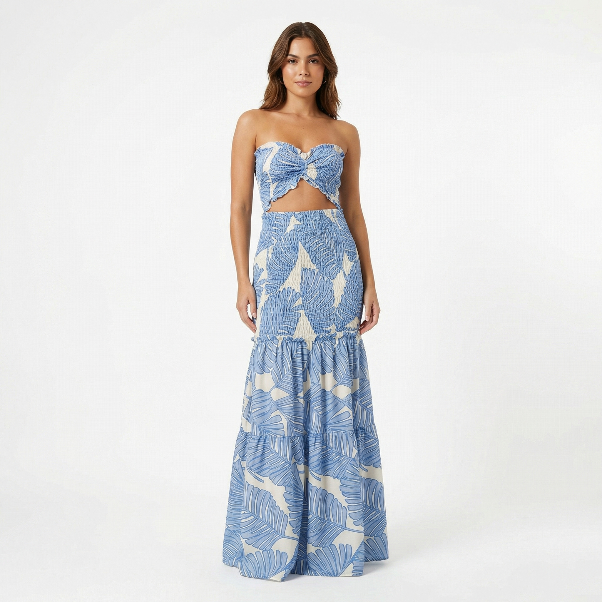 Strapless Cut Out Maxi Dress Women - Smocked Tropical Print Tiered Summer Dress