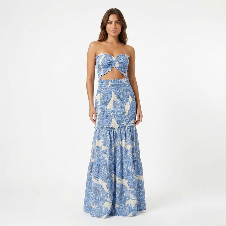 Strapless Cut Out Maxi Dress Women - Smocked Tropical Print Tiered Summer Dress