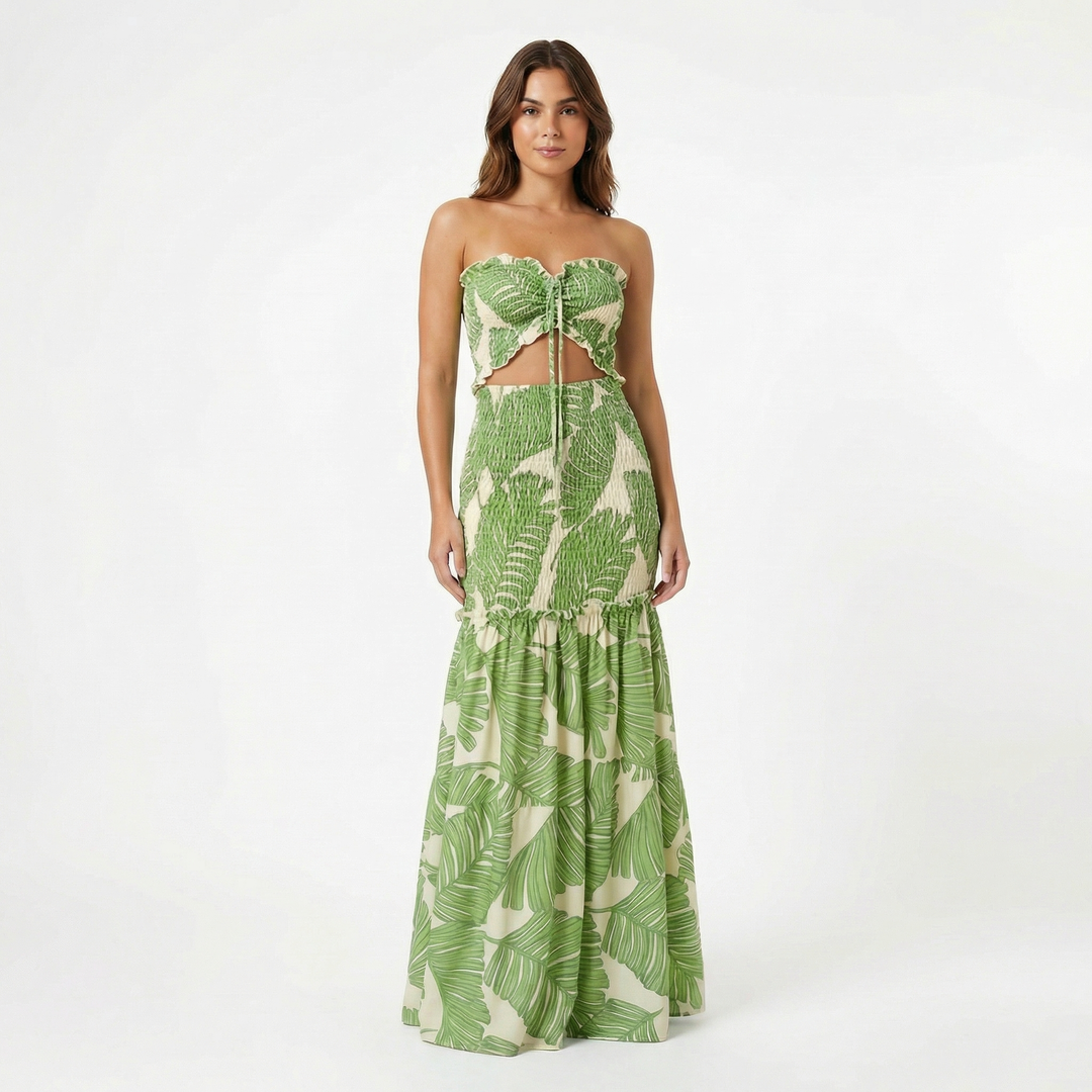 Strapless Cut Out Maxi Dress Women - Smocked Tropical Print Tiered Summer Dress