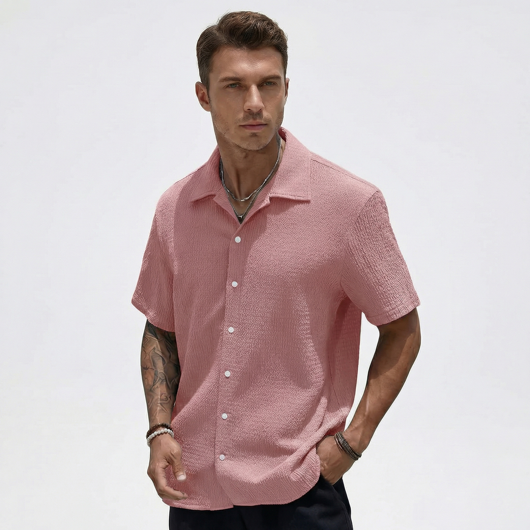 Ribbed Short Sleeve Button Down Shirt - Camp Collar Summer Shirt