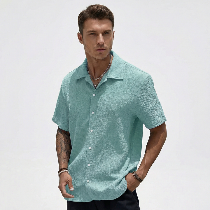 Ribbed Short Sleeve Button Down Shirt - Camp Collar Summer Shirt