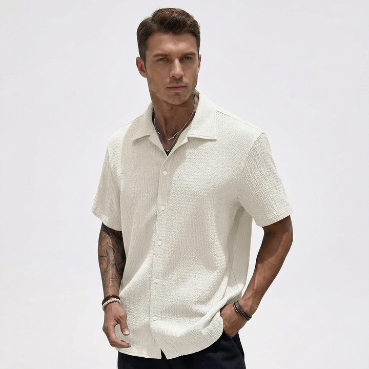 Ribbed Short Sleeve Button Down Shirt - Camp Collar Summer Shirt