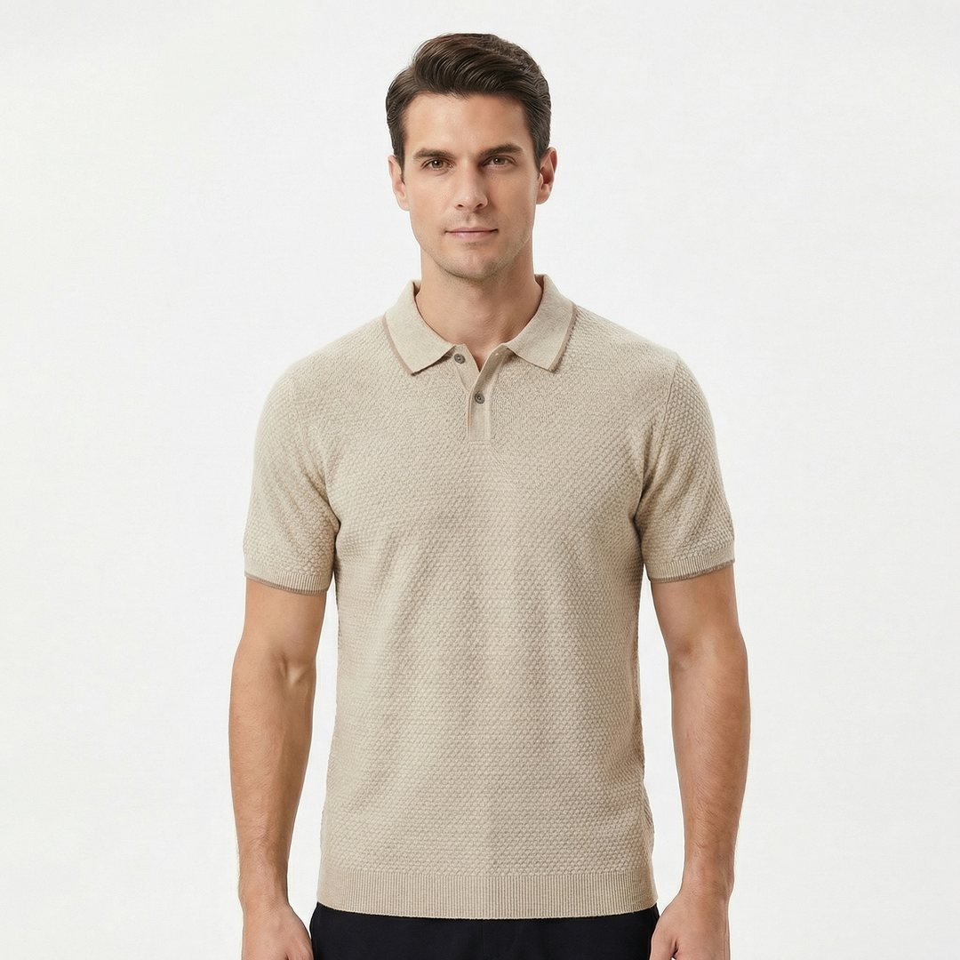 Knit Polo Shirt Men - Textured Short Sleeve Tipped Collar Summer Top
