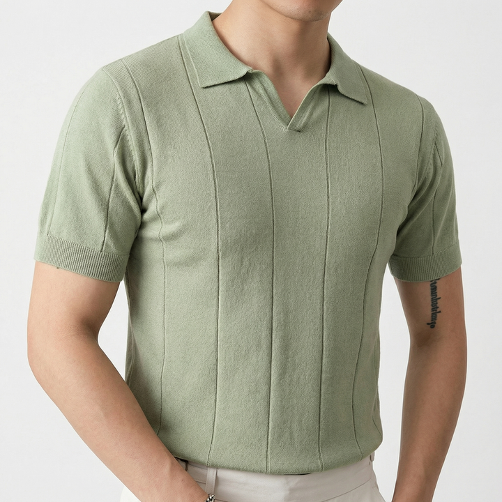 Knit Polo Shirt Men - Johnny Collar Ribbed Stripe Short Sleeve Top