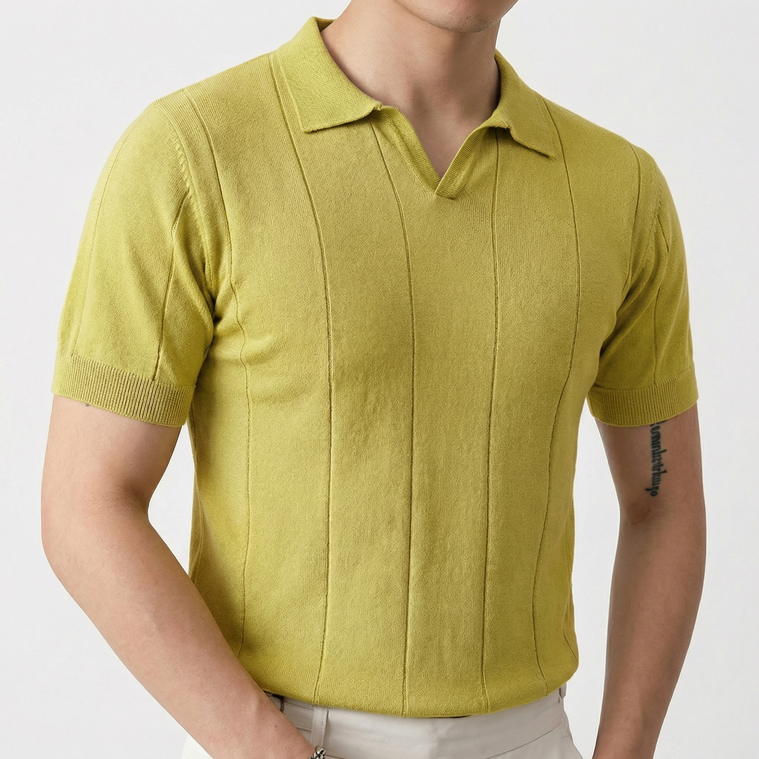 Knit Polo Shirt Men - Johnny Collar Ribbed Stripe Short Sleeve Top