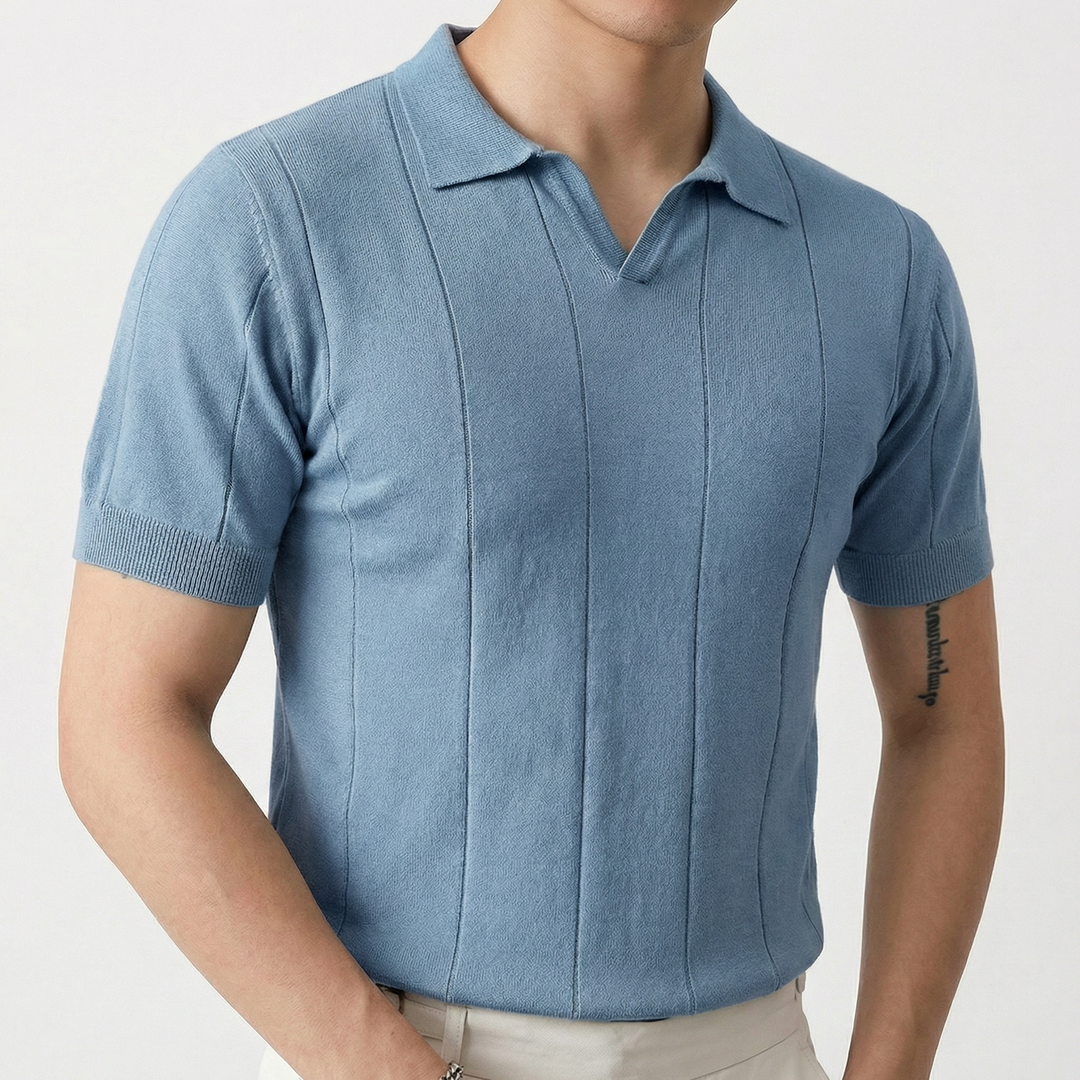 Knit Polo Shirt Men - Johnny Collar Ribbed Stripe Short Sleeve Top
