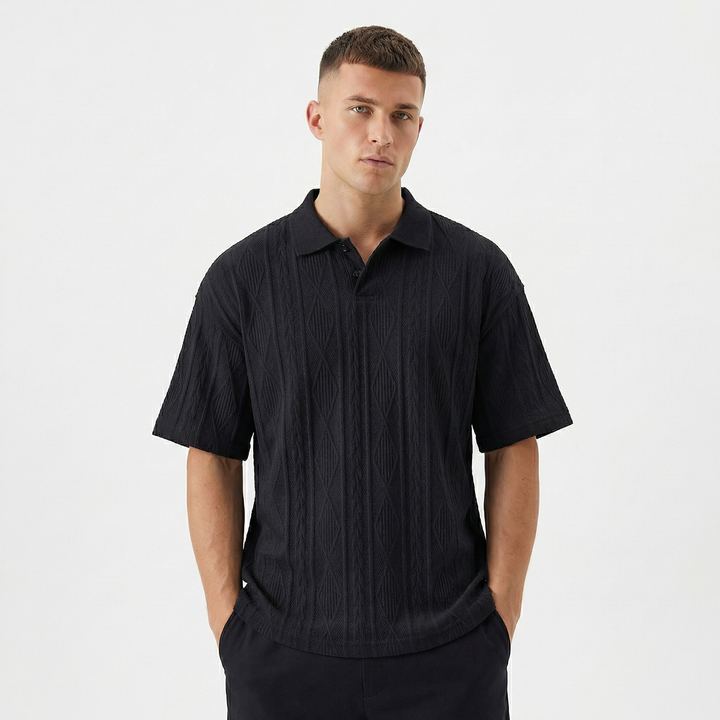 Oversized Knit Polo Shirt Men - Cable Knit Textured Short Sleeve Top