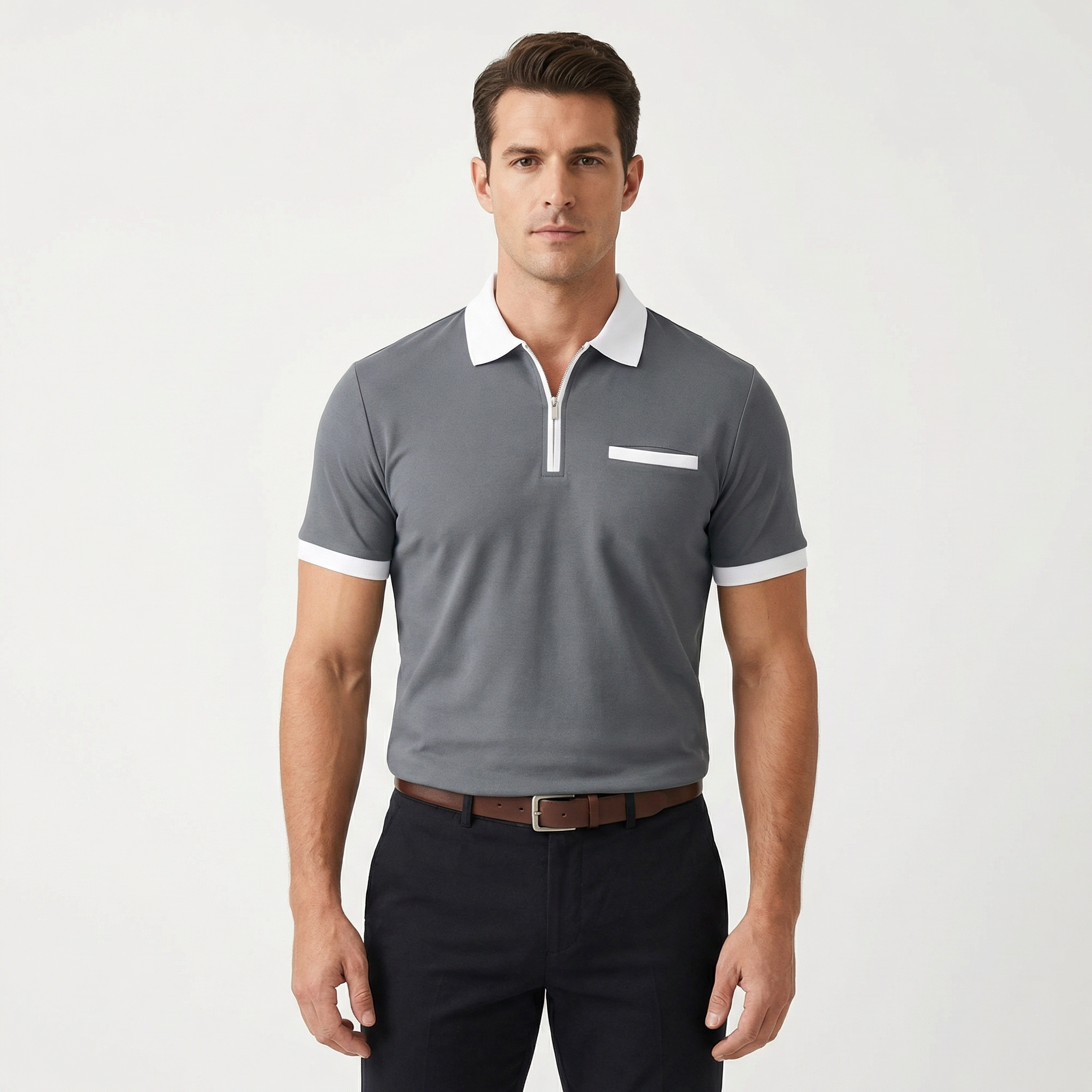 Polo Shirt Men - Quarter Zip Contrast Collar Short Sleeve Top
