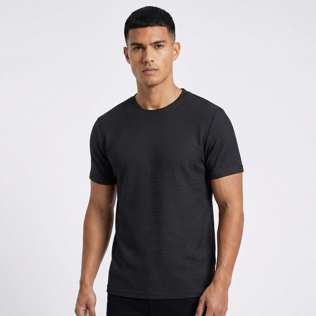 Waffle Knit T-Shirt - Textured Crew Neck Short Sleeve Summer Tee