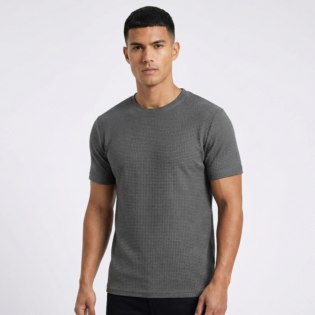 Waffle Knit T-Shirt - Textured Crew Neck Short Sleeve Summer Tee