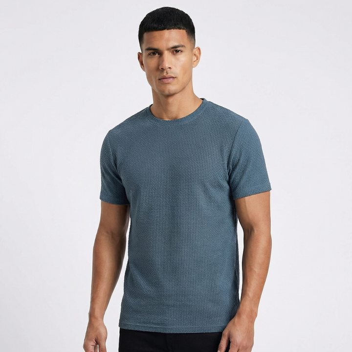 Waffle Knit T-Shirt - Textured Crew Neck Short Sleeve Summer Tee