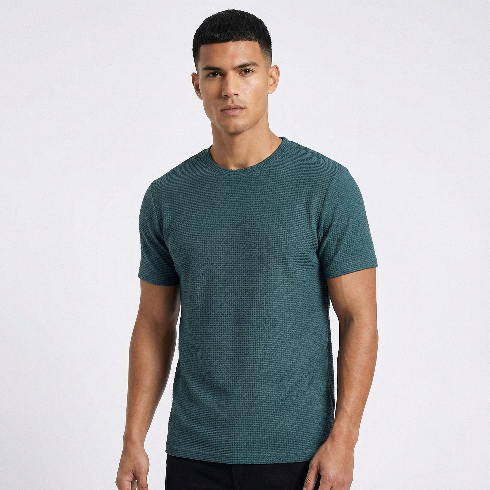 Waffle Knit T-Shirt - Textured Crew Neck Short Sleeve Summer Tee