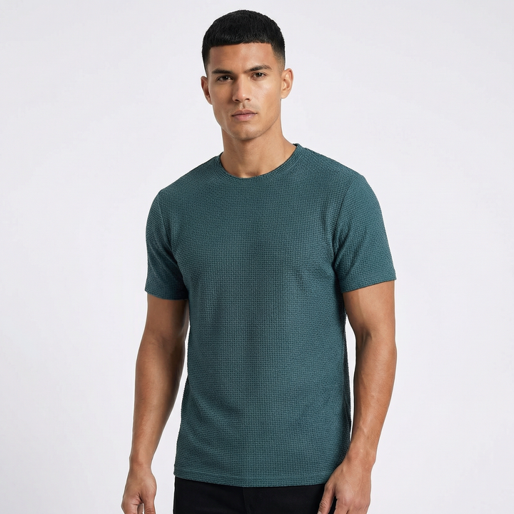 Waffle Knit T-Shirt - Textured Crew Neck Short Sleeve Summer Tee