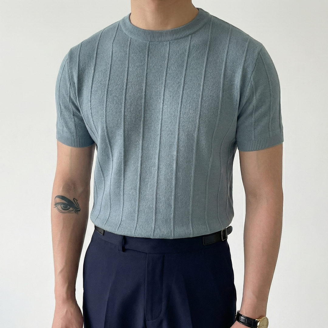 Ribbed Knit T-Shirt Men - Slim Fit Crew Neck Short Sleeve Summer Top