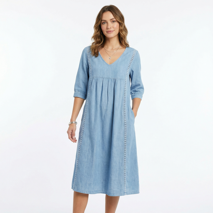 Linen Dress Women - V Neck Midi Dress with Pockets Boho Summer Dress