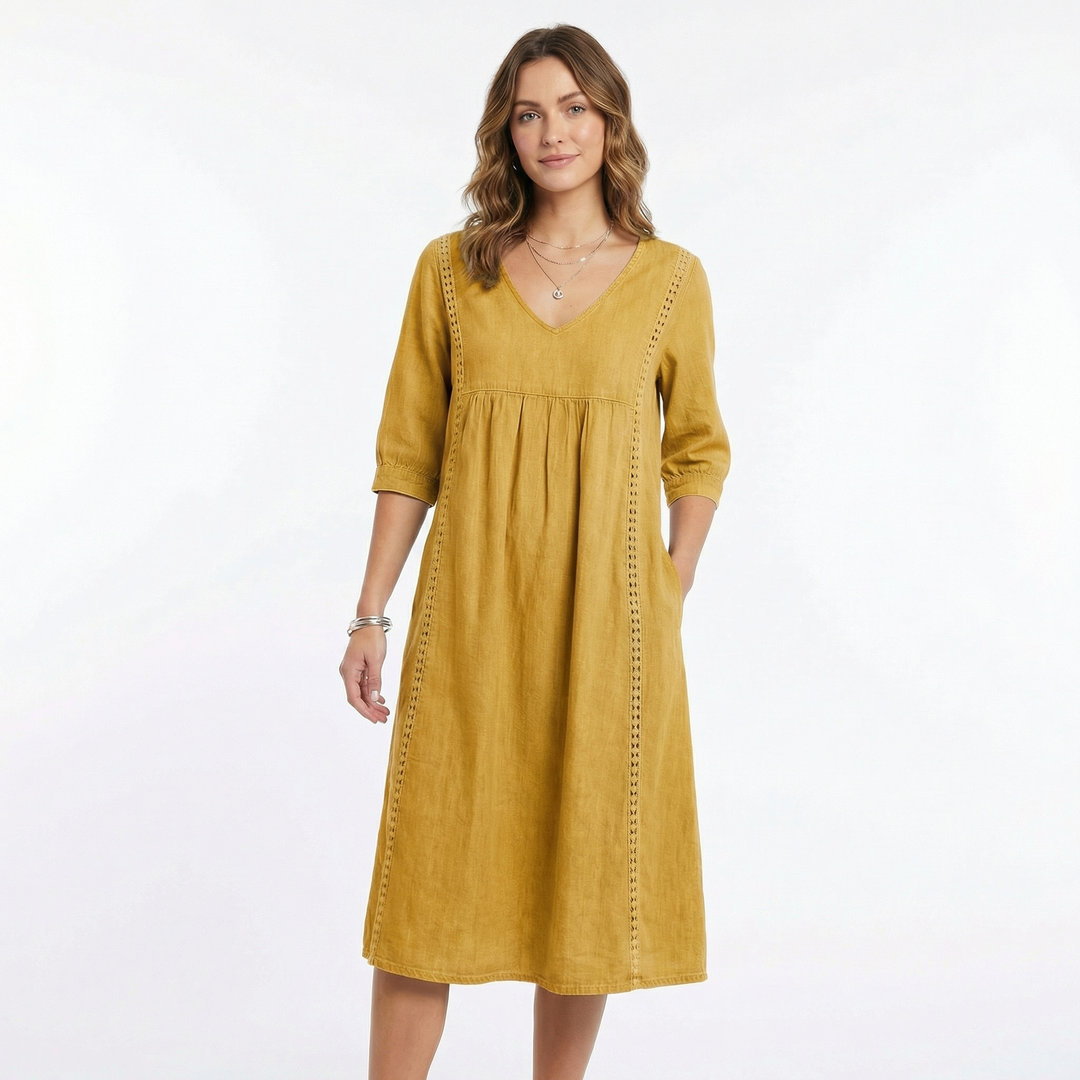 Linen Dress Women - V Neck Midi Dress with Pockets Boho Summer Dress