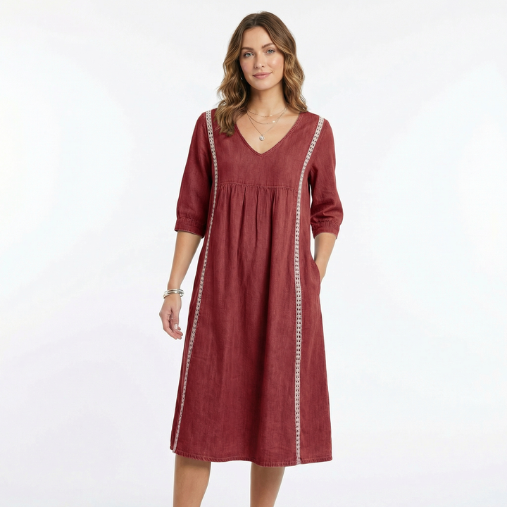 Linen Dress Women - V Neck Midi Dress with Pockets Boho Summer Dress