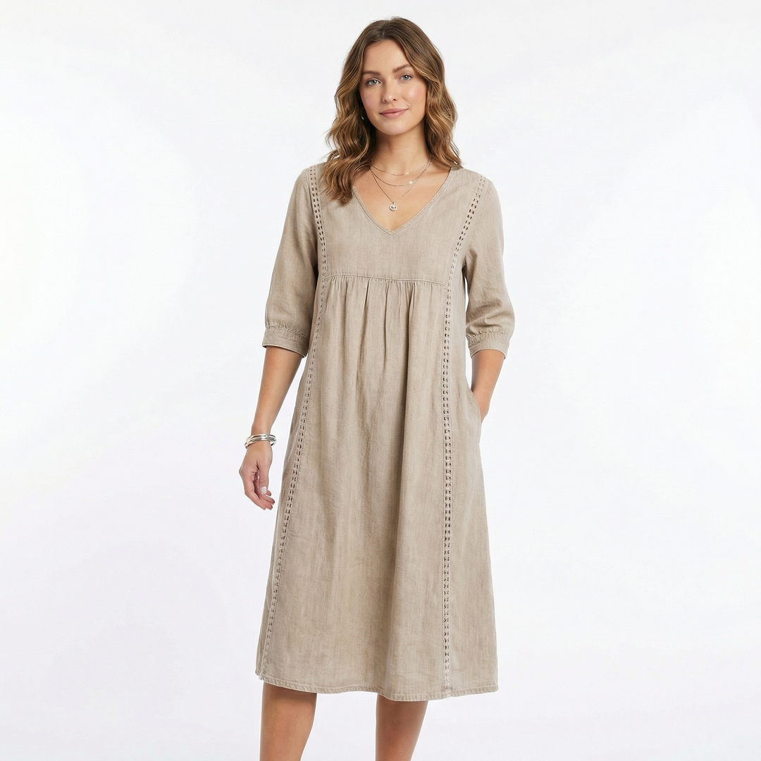 Linen Dress Women - V Neck Midi Dress with Pockets Boho Summer Dress