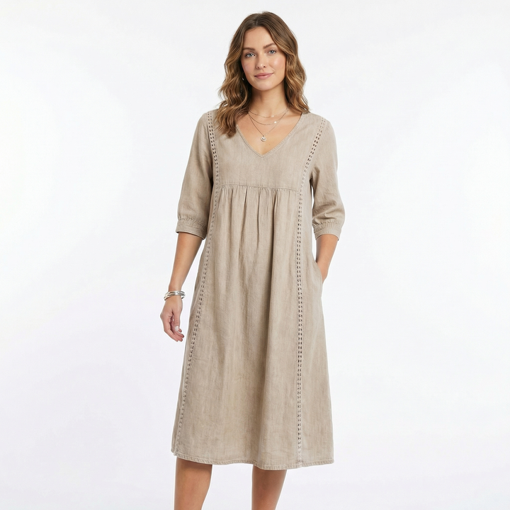 Linen Dress Women - V Neck Midi Dress with Pockets Boho Summer Dress