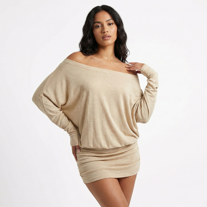 Off Shoulder Mini Dress  - Batwing Sleeve Ruched Bodycon Party Dress