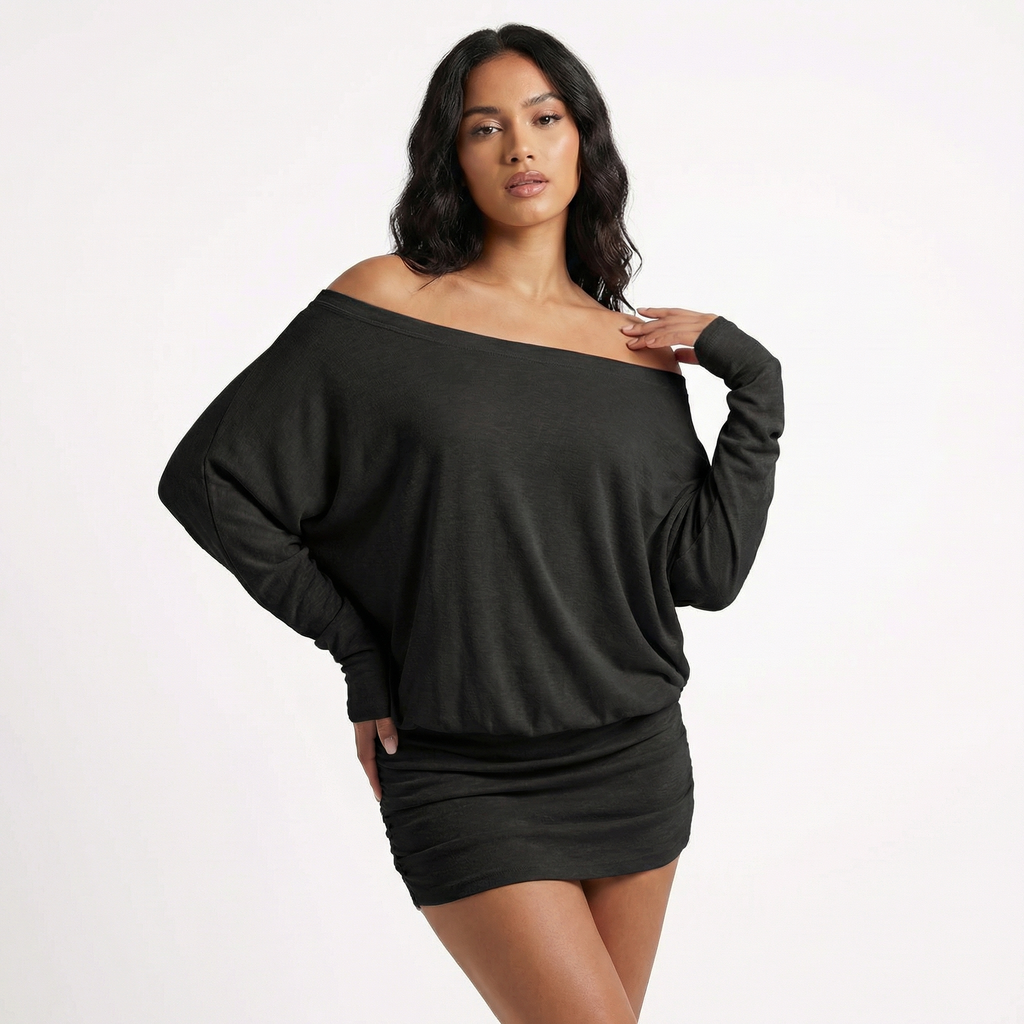 Off Shoulder Mini Dress  - Batwing Sleeve Ruched Bodycon Party Dress